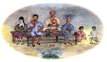 （イラスト）夕涼み台に人々が集う様子