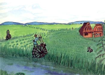 （イラスト）みずぐるまと農村風景